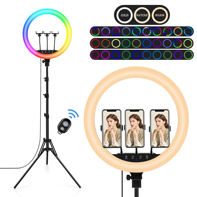 

Led Ring Light Kit 18inch With Tripod RGB Dimmable 3200-5800K With 3pcs Phone Holder For Live Video Photography Makeup Lights