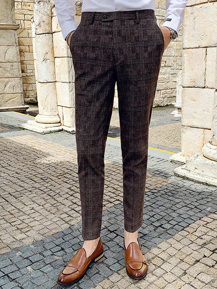 Classic Plaid and Striped Fashion Men's Casual Business Slim Suit Pants Groom Wedding Dress Trousers Party business pants,suit pants,men pants