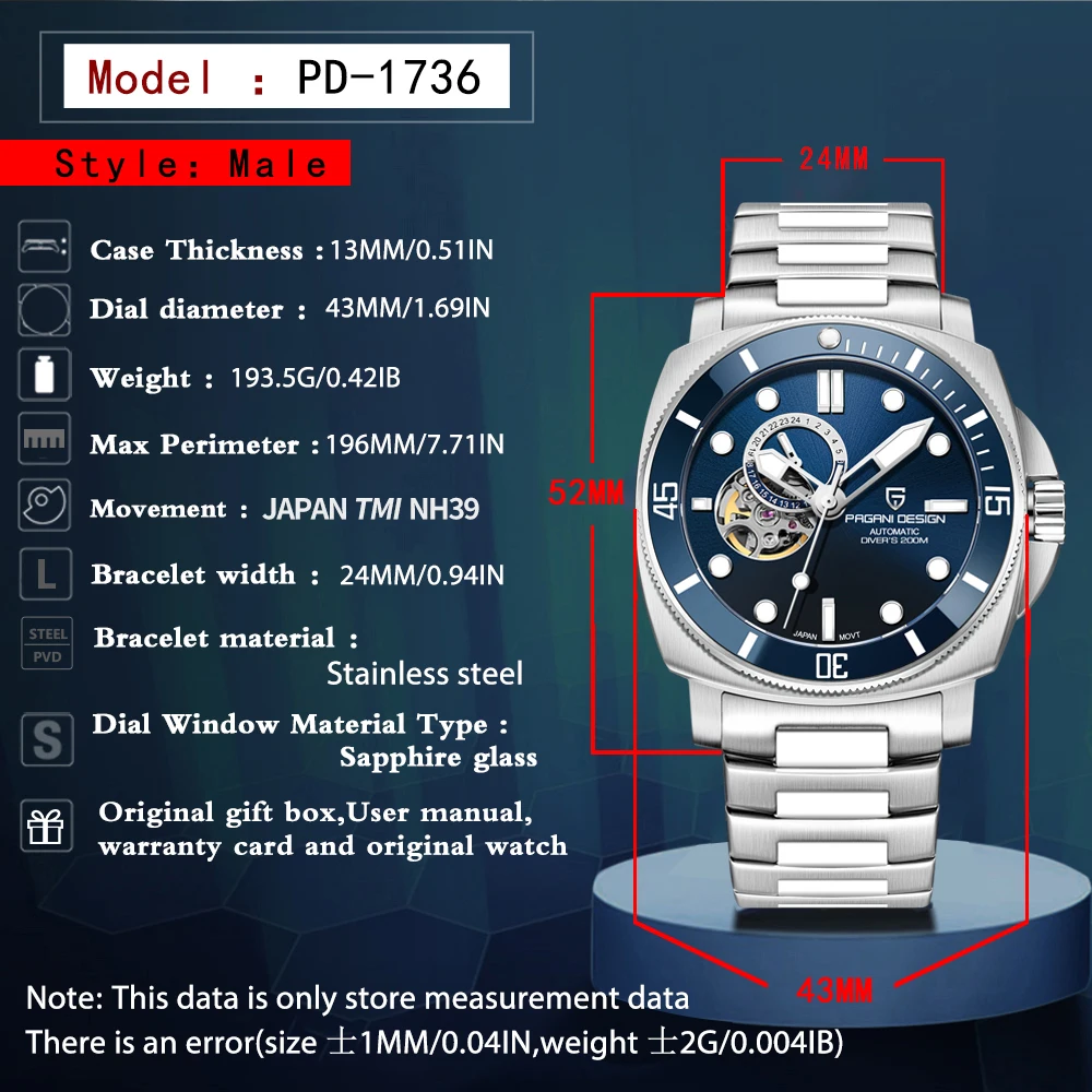 PAGANI DESIGN Luxury Men Mechanical Watch Fashion Sapphire 200M Waterproof Automatic Wacth for Men Timecode Relogio Masculino 3