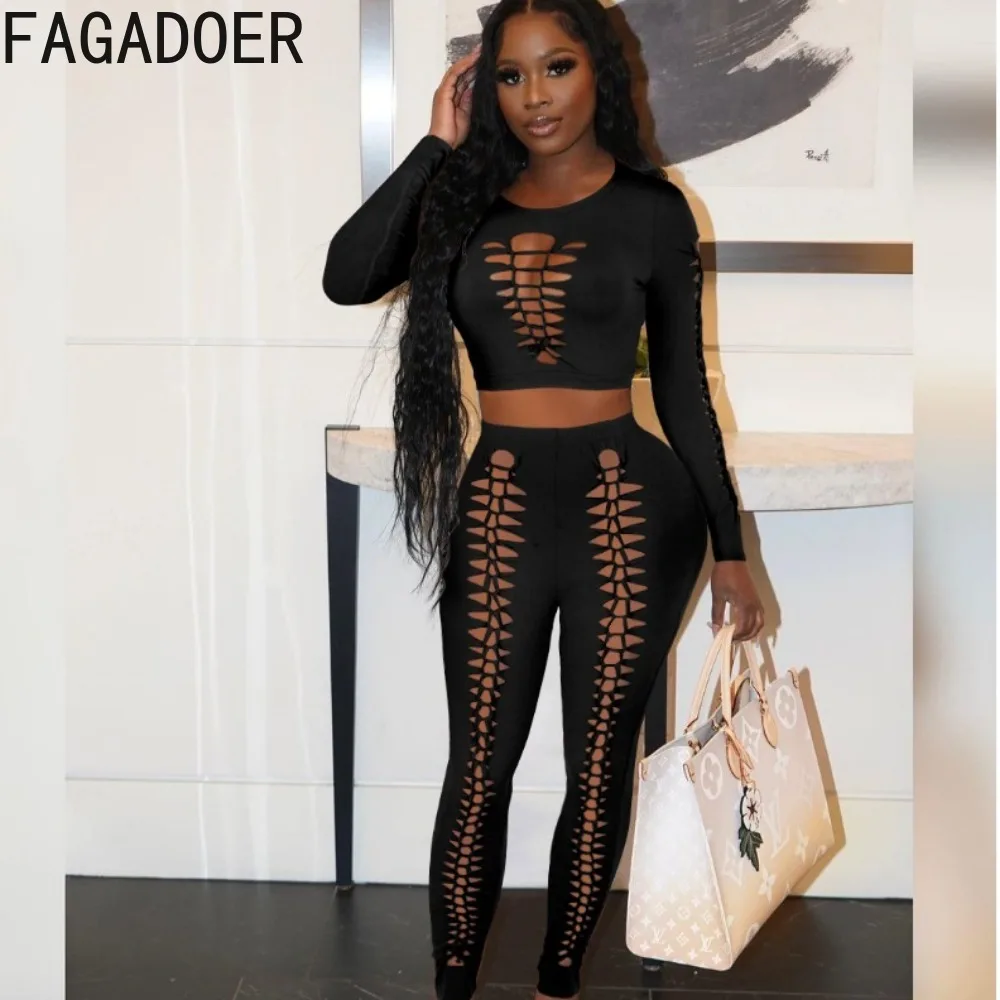 FAGADOER Black Hollow Out Slim Fit 2 Piece Sets Female Sexy Fashion Long Sleeve Crop Top Stretch Pants Outfits 2pcs Matching Set