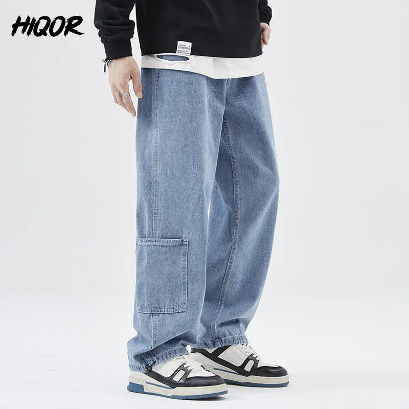 

HIQOR Baggy Men Jeans Straight Cargo Pants Spring Autumn Fashion Vintage Blue Denim Trousers Traveling Casual Male Y2K Clothes