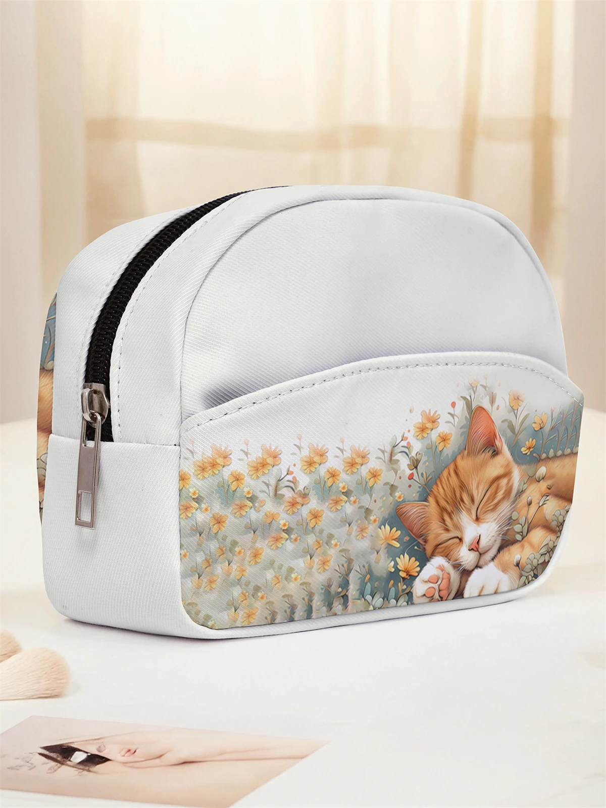 Cute cat pattern printed makeup bag, multi pocket design, portable toiletry bag, lightweight, suitable for travel and outings