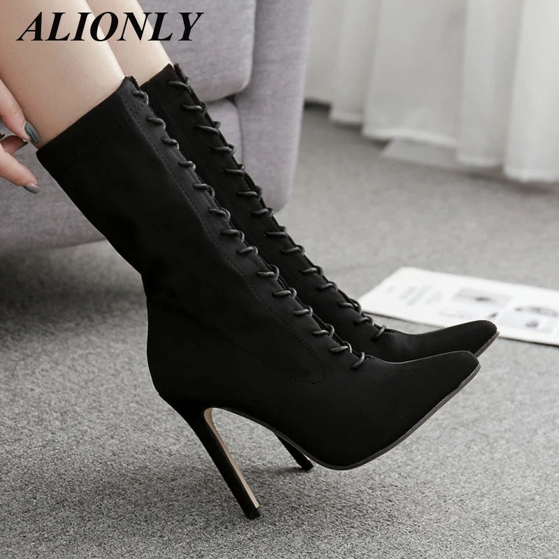 

Alionly Women's Mid-Boots Pointed Toe High-Heel Stretch Fabric Front Lace-Up Boots Chaussure Femme Bottes Pour Femmes