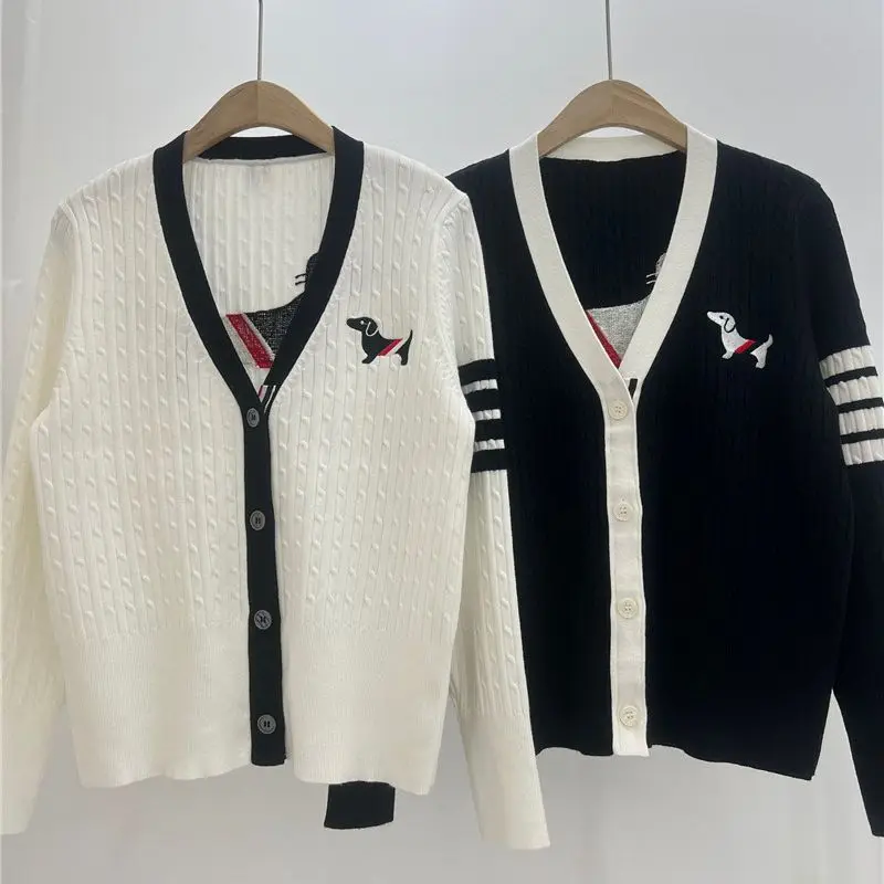 

V-neck White Cardigans For Women, Crop Tops, Knit Dog embroidery knitted Sweater long sleeve jacket women 여성 반팔 니트