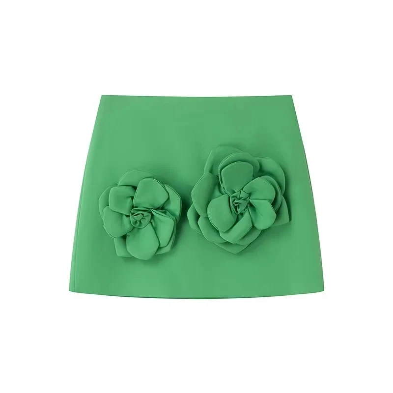 TRAF Sleeveless Crop Top Woman Flower Skirt 2 Piece Set Y2K Summer Green Mini Skirt And Blouse Set Round Neck Beige Skirt Set