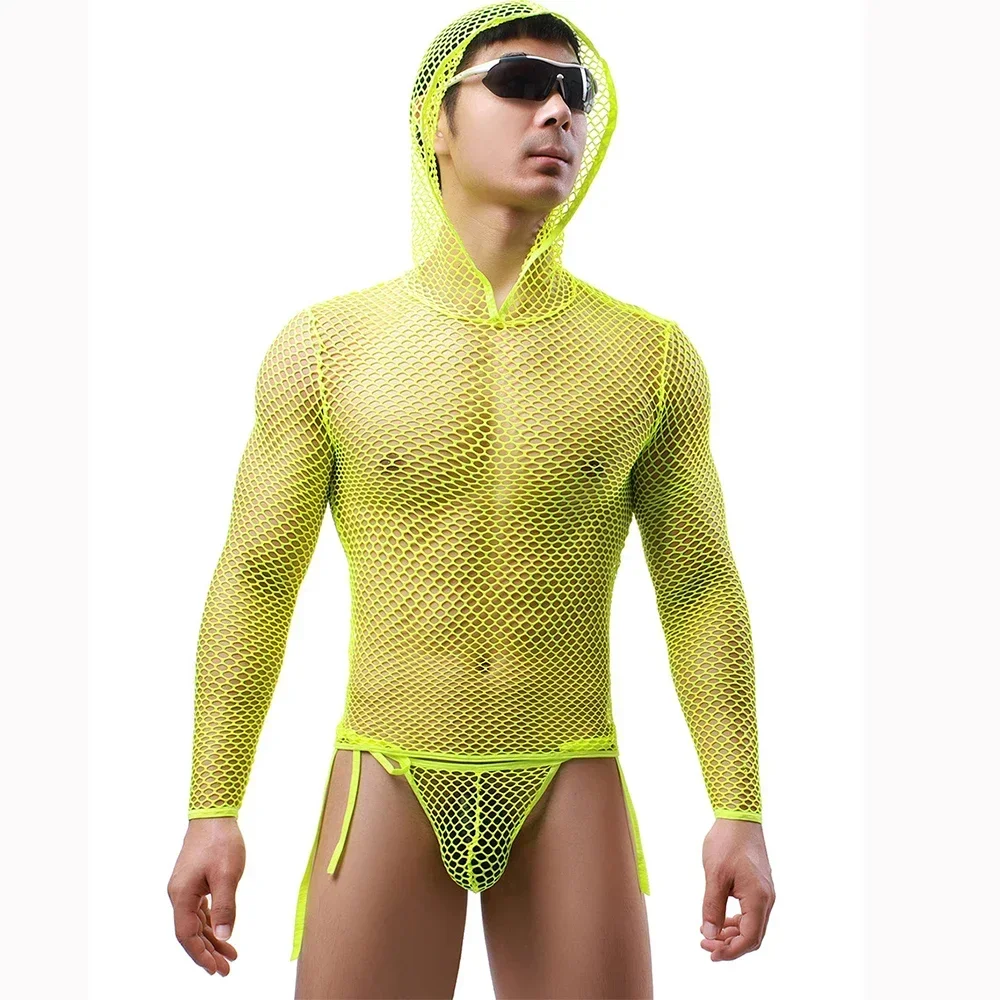 Sexy Men Hooded Fishnet Undershirts Mesh See Through Long Sleeve Hooded T-shirts Briefs Panties Underwear Mesh Sheer Man Clothes