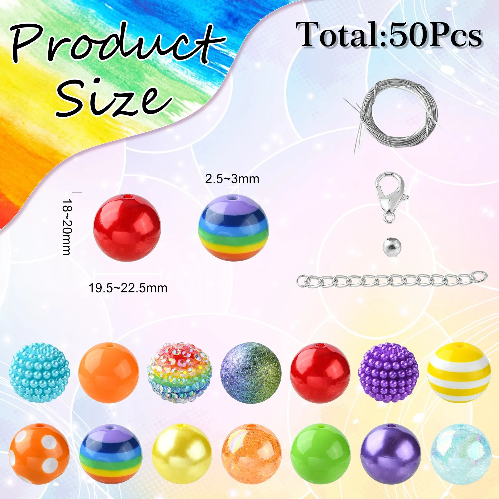 50 Stück 20 mm zufällige Farbe, Regenbogen-Thema, helle Farbe, Acryl-Kaugummi-Perlen-Set, bunte klobige Perlen für Schmuckherstellung, Zubehör – Detail 2