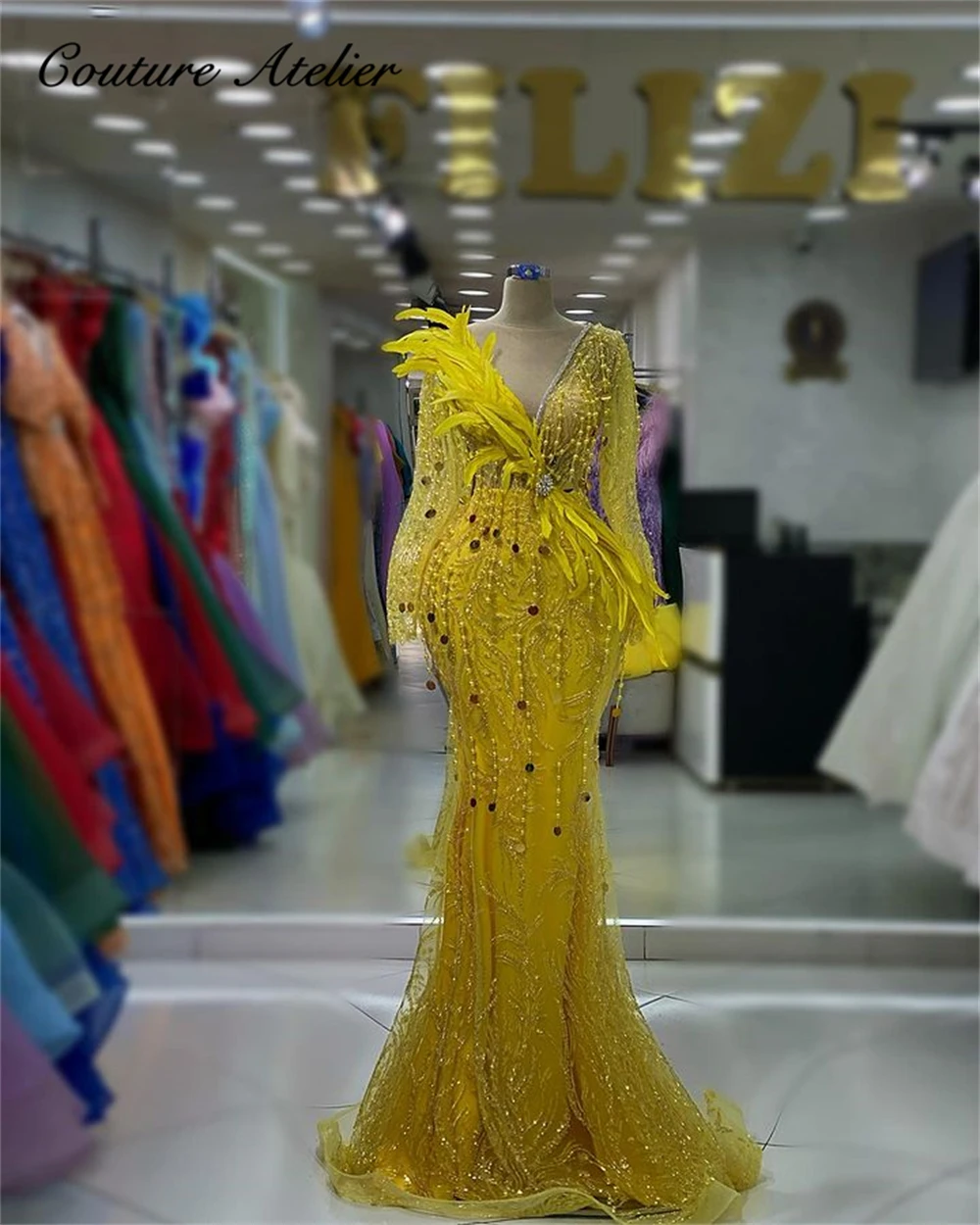 

Gala Yellow Feathers Dubai Mermaid Evening Dresses Long Sleeve Arabic Beaded Tassels Sequin Piece Formal Dubai Wedding Gowns