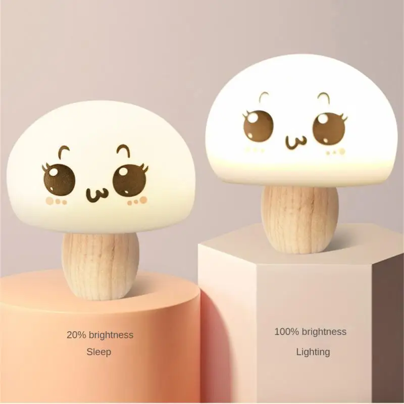 

Silicone LED Night Lamp Brightness Adjustable Mushroom Pat Switch Wooden Base Timing LED Night Light For Children's Gift