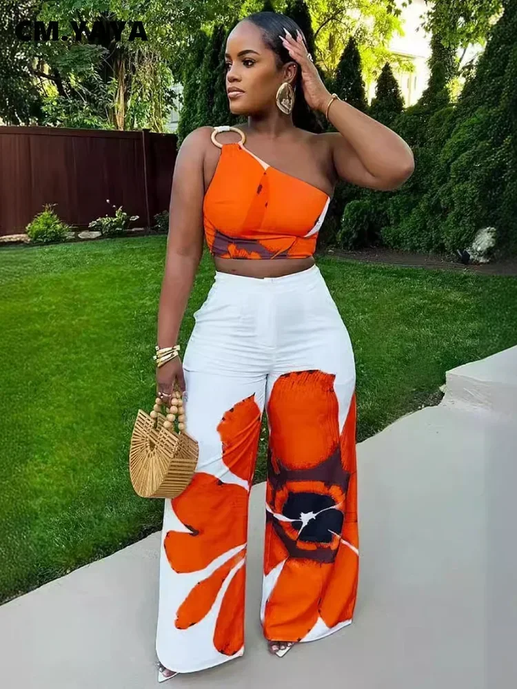 Women's Printed Orange Wrap Top with Wide Leg Pants Co-Ord Set
