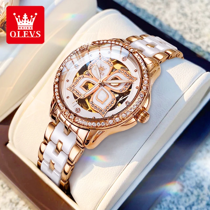OLEVS 6612 Woman Automatic Watches Fashion Hollow Mechanical Watch For Women Ceramic Steel Strap Waterproof Ladies Wristwatch