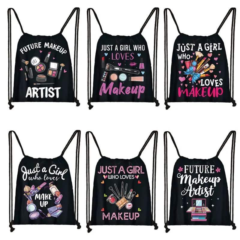 

A Girl Who Loves Makeup Print Backpack Women Leisure Drawstring Bag Cute Softback Rucksack Ladies Shoes Lipsticks Storage Bags