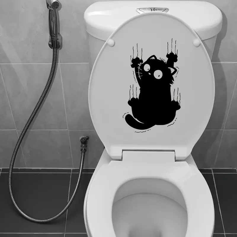Fun Cat Self-Adhesive Toilet Stickers,Wall Decal Removable, Reusable PVC Sticker for Toilet Lid, Bathroom Decor