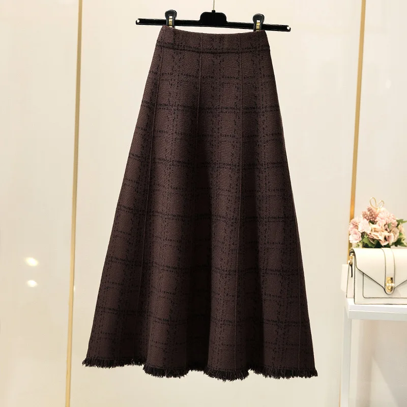 Plaid Women's Season 2020 New High Waist Umbrella Mid-Length over-the-Knee A- line Knitted Dress Long Skirt