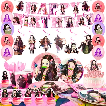 Nezuko Birthday Decorations,117pcs Decorations&Nezuko Party Tableware Set-Party Plates Tablecloth&Cake Topper Banner Balloons 1