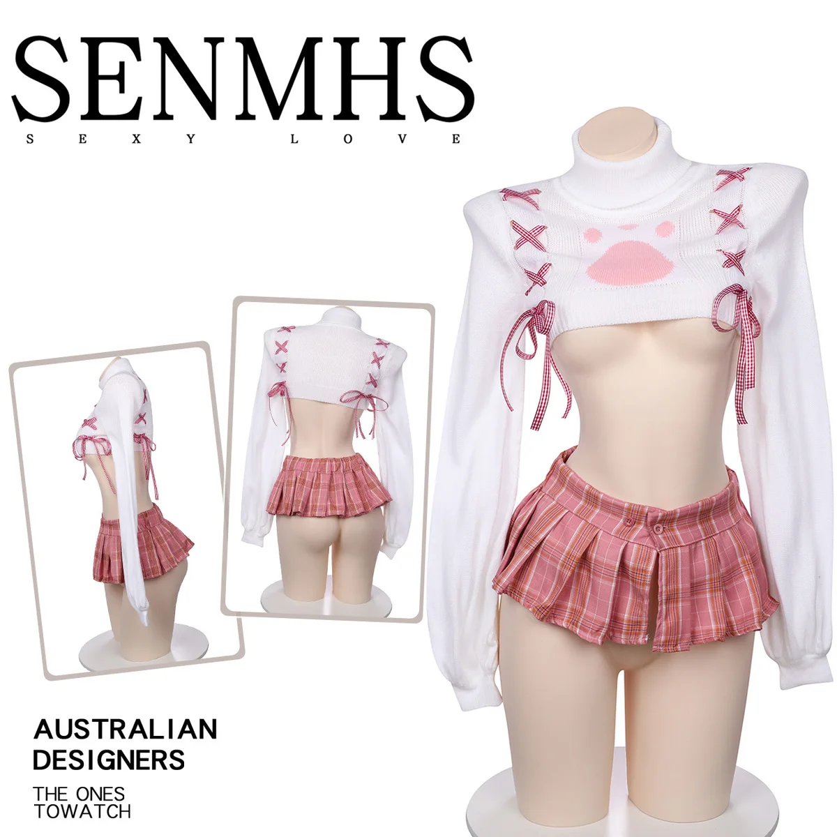 SENMHS Virgin Sweater Lolita Knit Cat Sexy Fashion Temptation Cosplay Clothes Sweet  Costume Event Party For Women Pink sexy stripes open crotch see through bodysuit porn night club dance playsuits adult sex party hollow out temptation jumpsuits