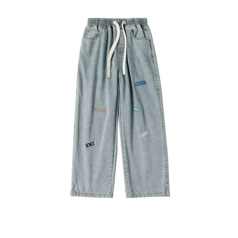 thumbnail image 1 of Pantalones de pierna ancha con estampado para hombre, pantalones vaqueros rectos para hombre, pantalones vaqueros azules claros Harajuku Y 2k Vintage 2024, tendencia nueva en elegantes Xs, 1 of 5