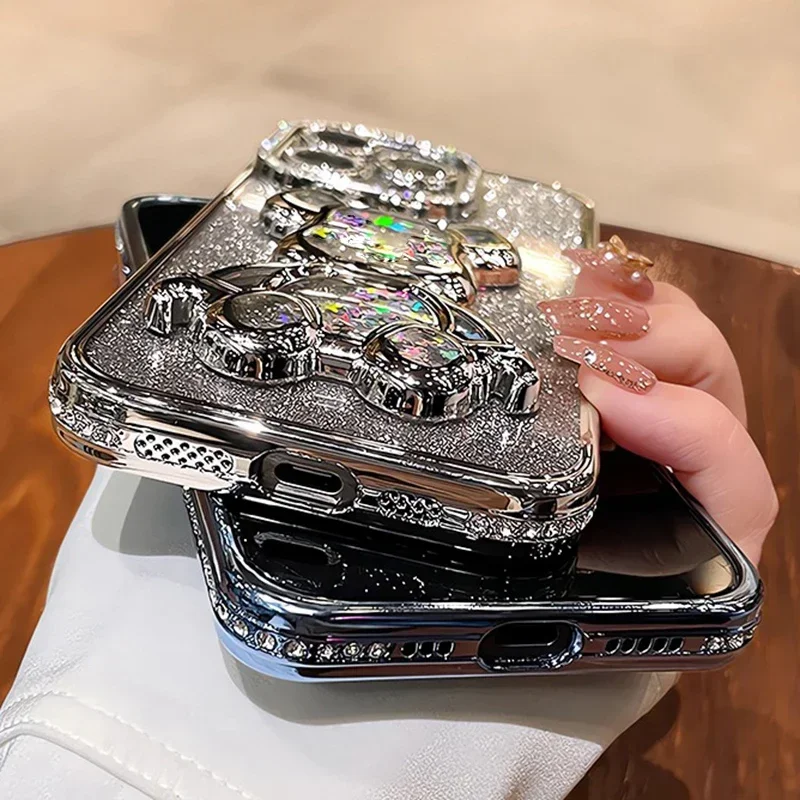 Glitter Quicksand Bear Diamond Case for iPhone 15 14 13 16 17 Pro Max 17 Air Plus 11 12 Gradient Rhinestone Plating Soft Cover
