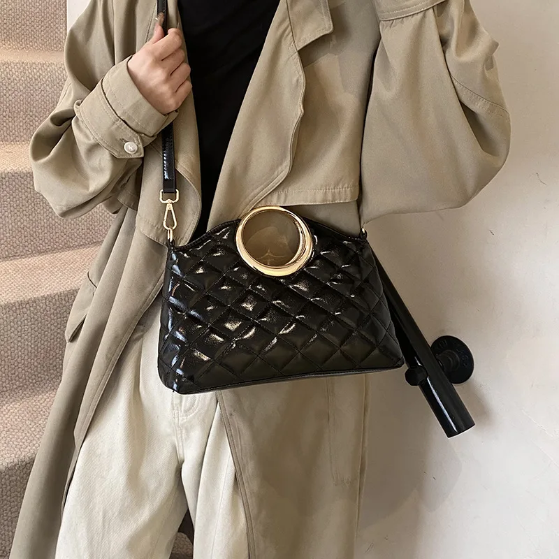 Versatile PU Leather Tote Bags Simple Women's Rhomboid Lattice Shoulder Bags Fashion Black Large Capacity Handheld Handbags