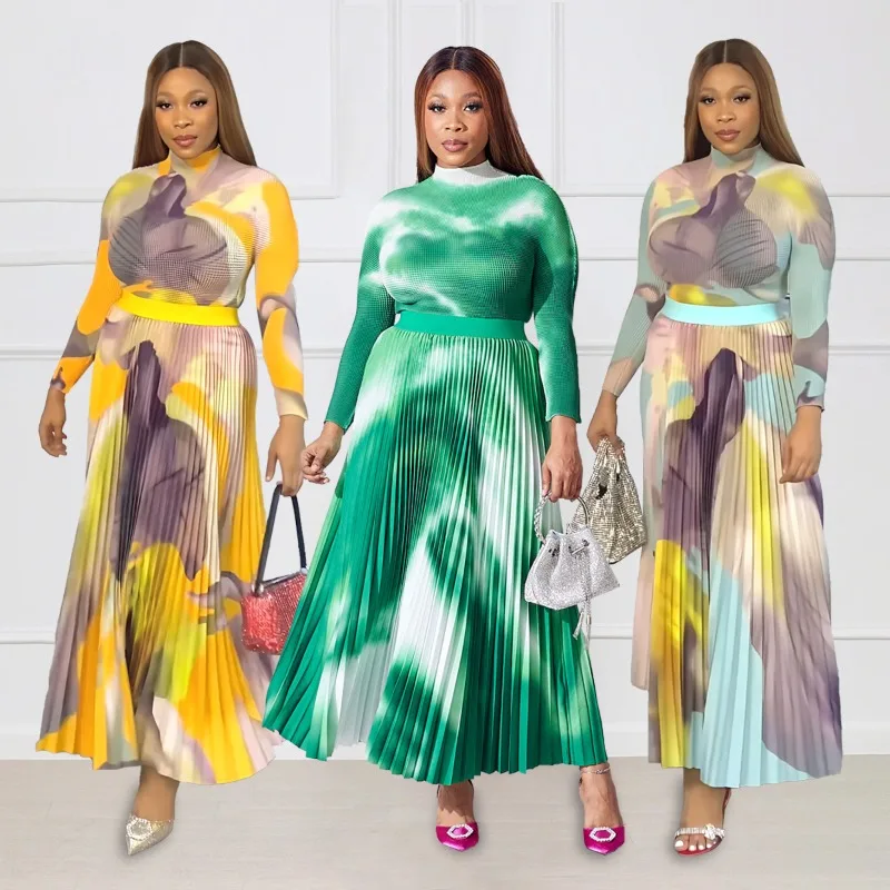 

Wepbel Y2K Tshirt Top Women Summer Big Swing Skirts Waffle Long Sleeve Short Top Elegant Pleated Skirt Two-Piece Set Dress Suits