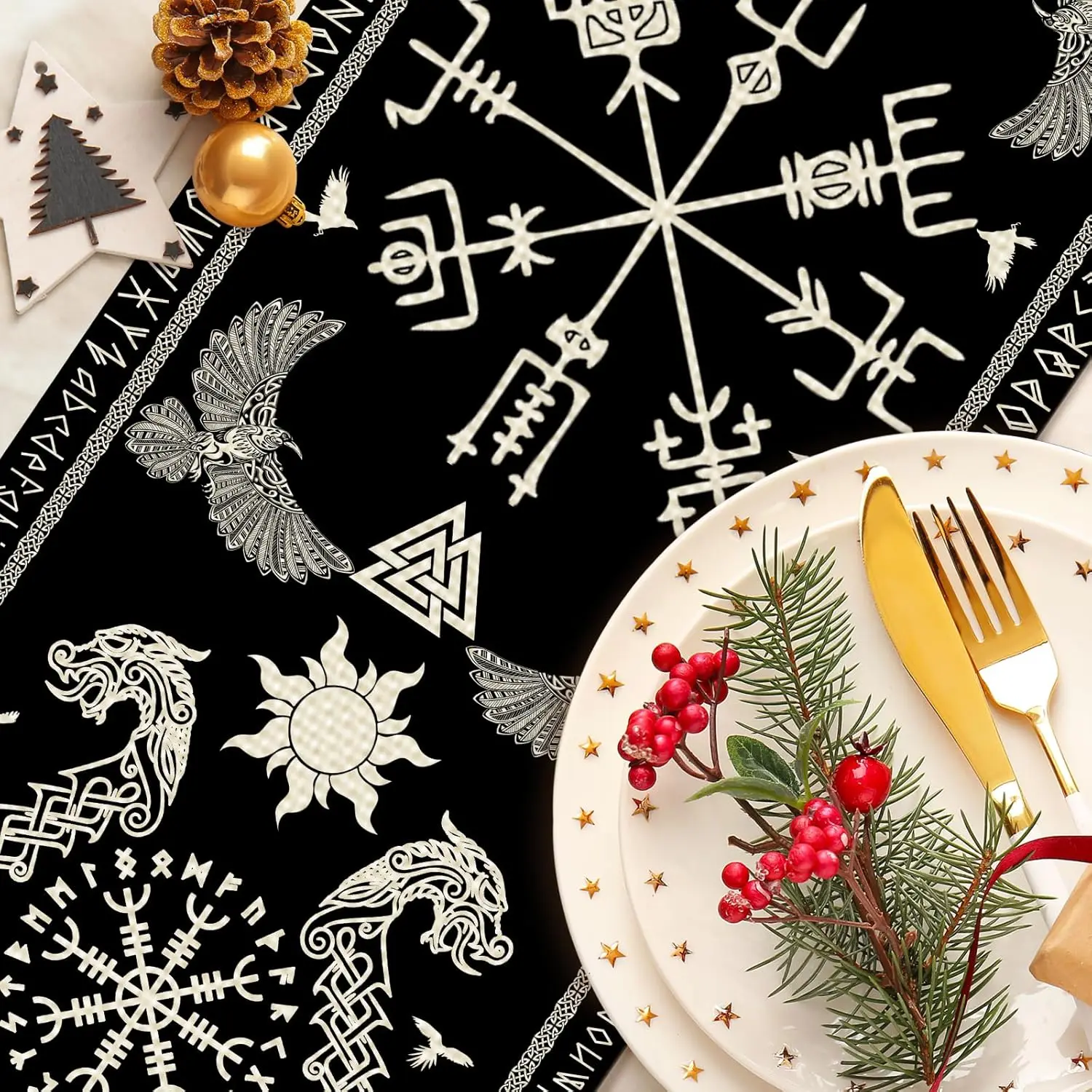 Black Viking Sacred Tree Linen Table Runner Party Decor Celtic Raven Helmet of Awe Kitchen Dining Table Runner Home Table Decor 4