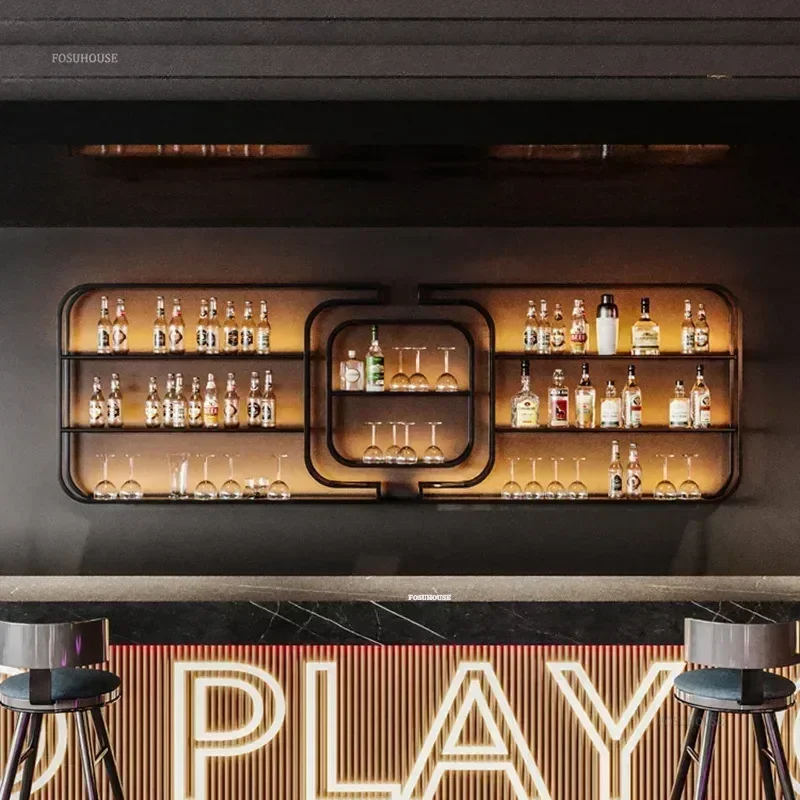 Nordic Iron Art Wine Rack for Bar Counter Display Cabinet Minimalist Creative Designer Wall-mounted Bar Cabinet with Lights XX