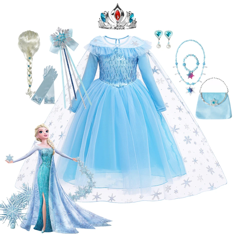 

Frozen Snow Queen Elsa Dress Girls Princess Cosplay Costume Blue Long Sleeve Mesh Dress Kids Halloween Birthday Party Vestidos