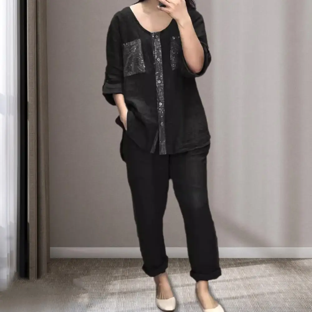 Women Shirt Pants Set Women's Sequin Top Wide Leg Pants Set with Adjustable Waist Shiny Three Quarter Sleeve T-shirt for Stylish