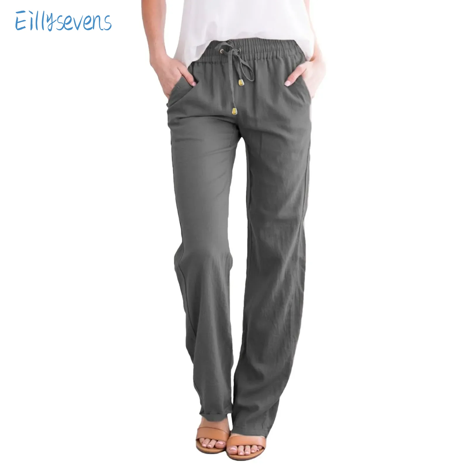 

Women'S Summer New Pants Casual Solid Cotton And Linen Straight Trousers With Drawstring Elastic Waist Thin Comfy Long Pants