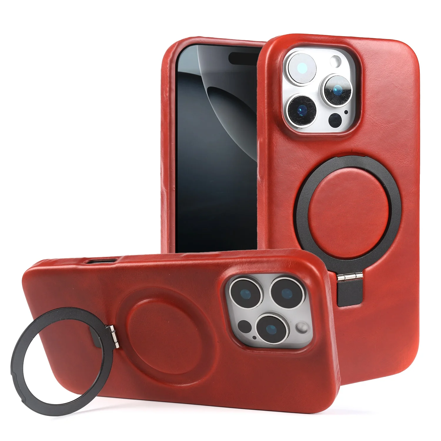 Premium Genuine Leather Stand Case with Magnetic Holder - Full Coverage Phone Cover