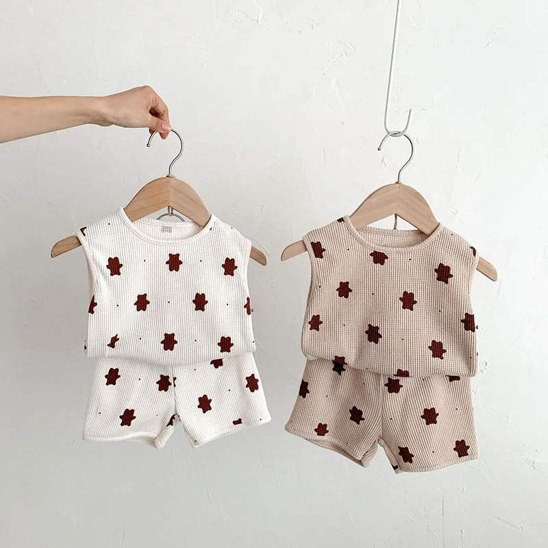 Summer Baby Clothes Suit Waffle Bear Infant Girls Vest And Shorts