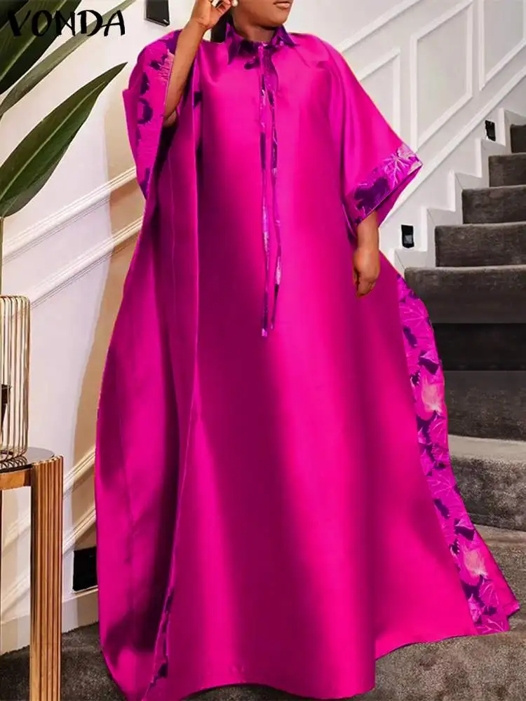 

VONDA 2024 Autumn Bohemian Maxi Dress Women Bat Sleeve Printed Long Sundress Oversized Lapel Casual Loose Party Vestidos Robe