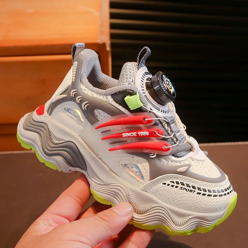 Boys Girls Sneakers with Rotating Button Kids Sports Shoes Handsome Fashion New School Students Running Shoe Wear-resistant