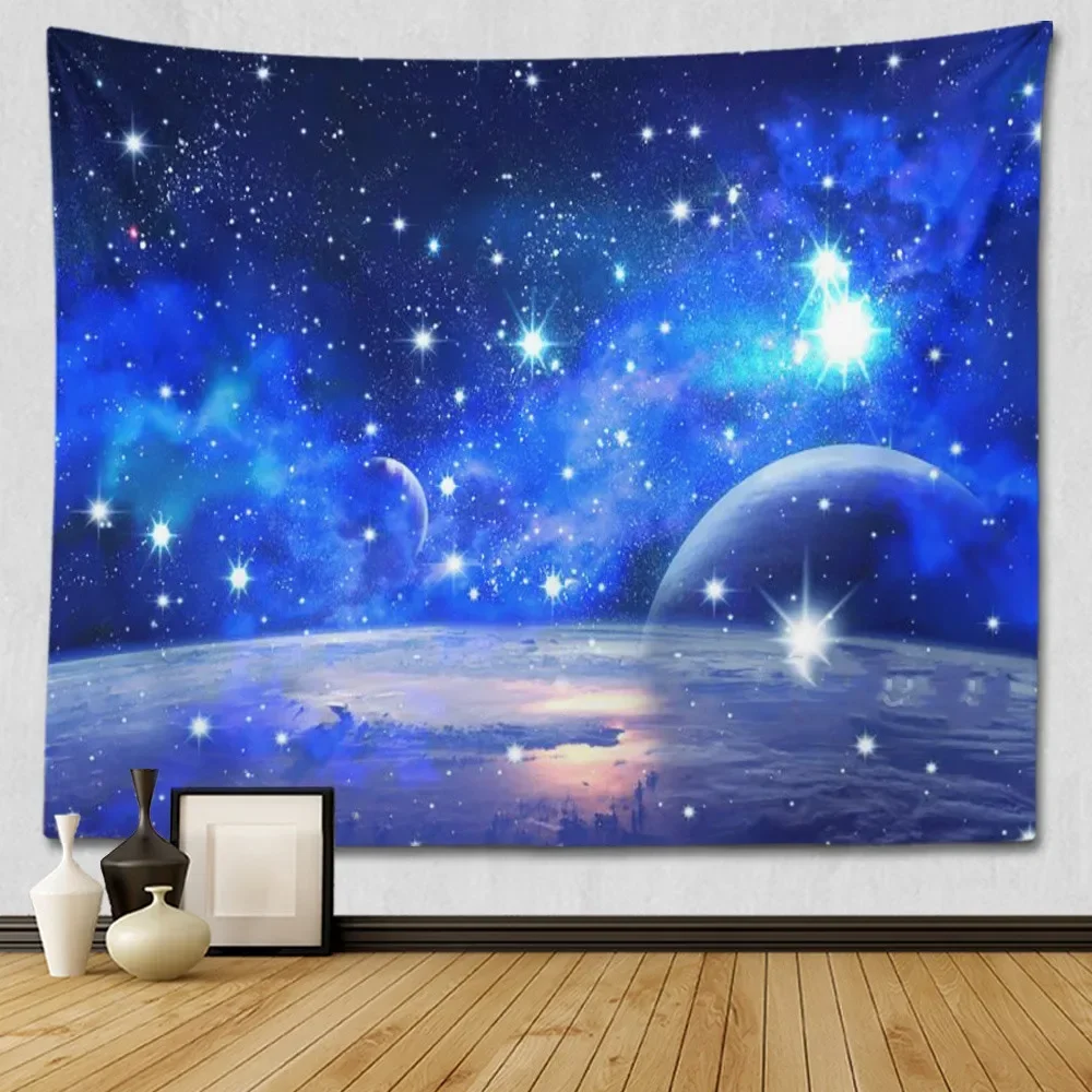 Star Sky Moon Tapestry Hanging Decorative Blue Starry Night Galaxy Universe Large Fabric Wall Tapestry for Bedroom Wall Decor