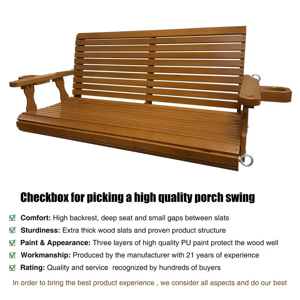 Wooden Porch Swing 2-Seater Heavy Duty 880 LBS Cupholders Outdoor Patio Garden Comfort Adjustable Springs Chains Assembly 5