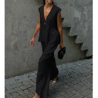 Ensemble gilet et pantalon Long sans manches en coton, haut Sexy à col en v, couleur unie, tempérament, ensemble deux pièces pour femmes 3
