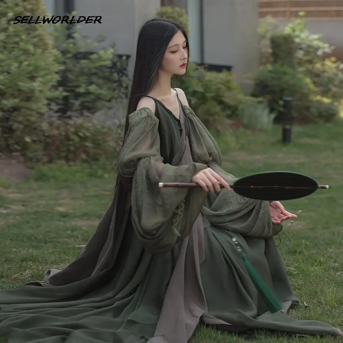 

2023 Woman Irregular Wisteria new Chinese style v neck loose fitting dress with Chiffon elastic cuffs