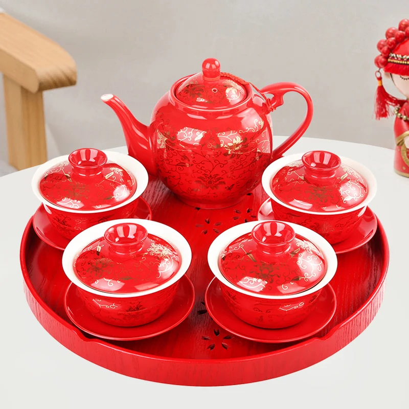 Chinese Wedding Supplies Red Ceramic Tea Set of 4/6pcs 570ml Teapot Gaiwan Set with Serving Tea Tray Gift Porcelain