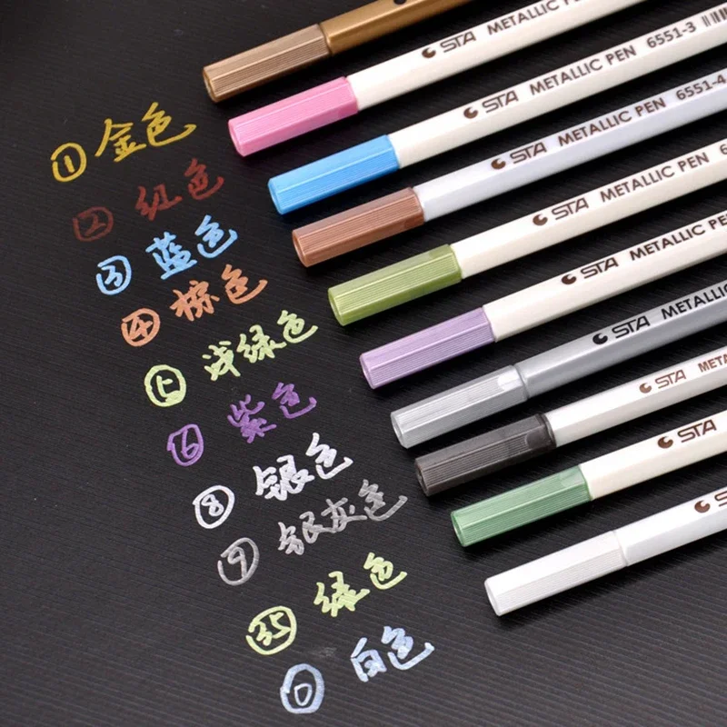 

6 Colors Metallic Marker Pens Kawaii Liner Felt-tip Brush Pens Markers for Rock Painting Black Paper DIY Card Making Crafts