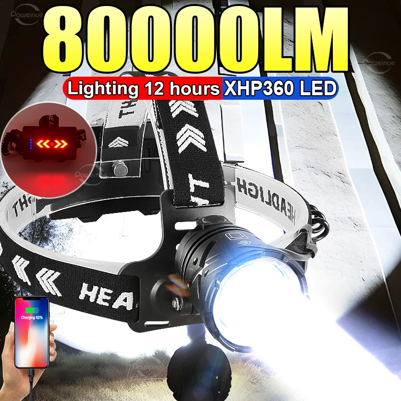 80000LM 강력한 전조등 USB 충전식 헤드라이트 손전등 대형 조리개 XHP360 LED 헤드 램프 캠핑 낚시 헤드 랜턴