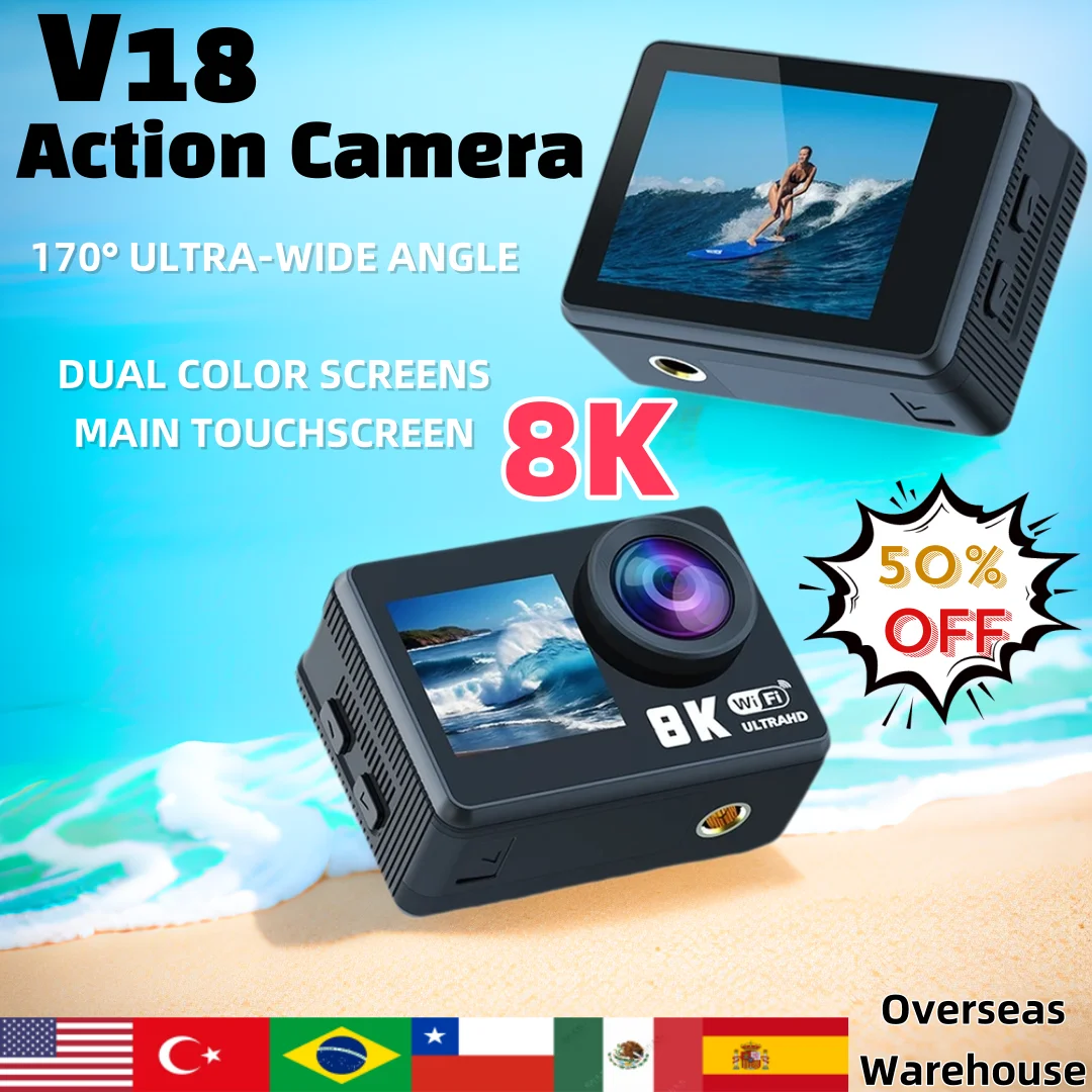 V18 8K/30fps Action Camera Ultra HDWiFi 2.0-inch Dualcolor Screen 30mUnderwater Waterproof Helmet Video Recording Cameras Sport