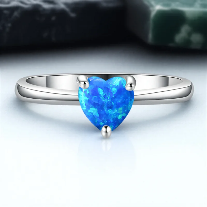 Blue Fire Opal Love Heart Stone Rings For Women Vintage Silver Color Engagement Promise Bands Wedding Jewelry Mother's Day Gifts