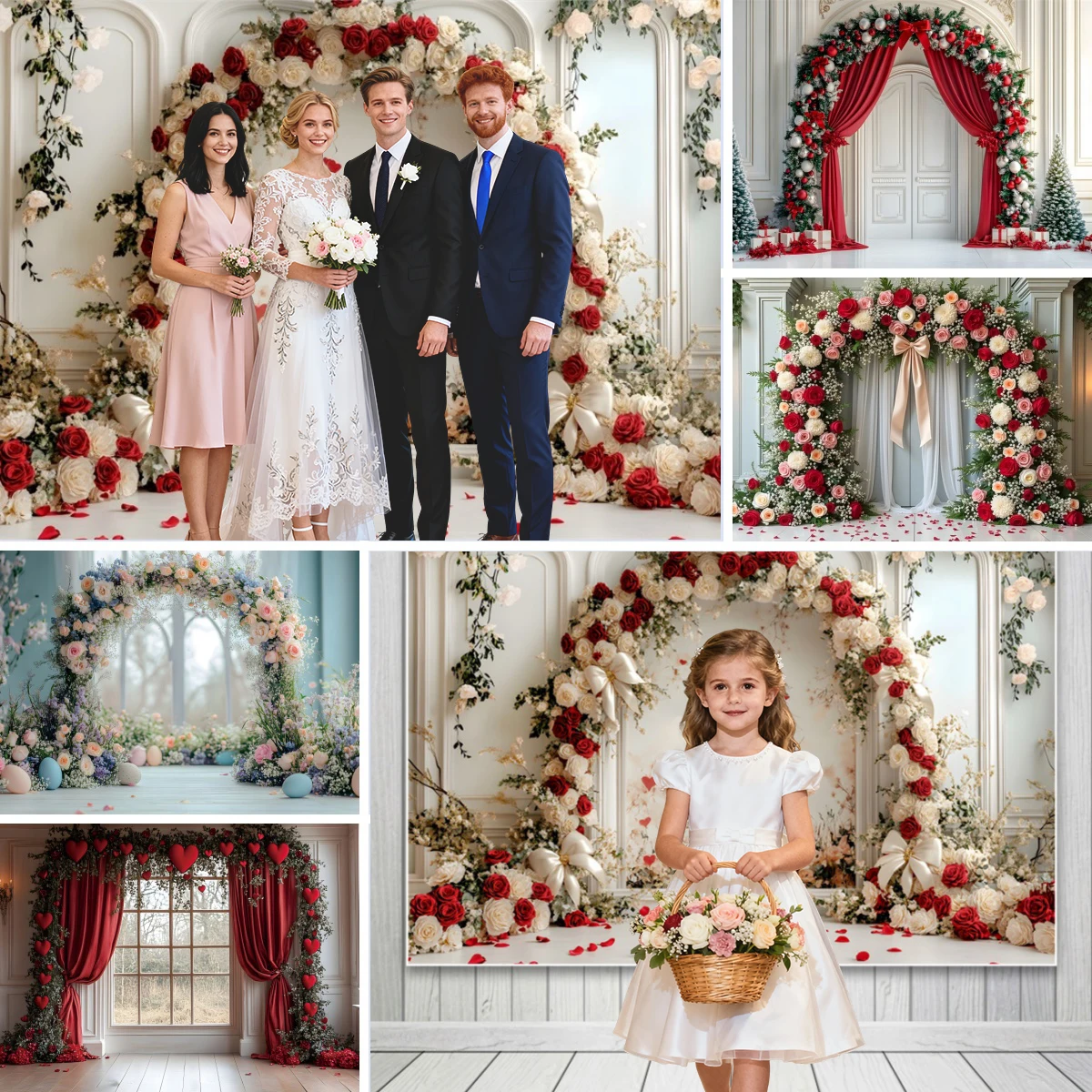 ฉากหลังถ่ายภาพงานแต่งงานรูปซุ้มดอกไม้ หน้าต่างขนาดใหญ่ ฉากตกแต่งรูปหัวใจสุดอลังการ วอลเปเปอร์สำหรับสตูดิโอ 1