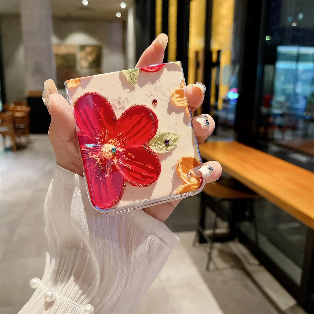 Oil Painting Flower Jewelled Protective Phone Case - Hard Shell Back Cover