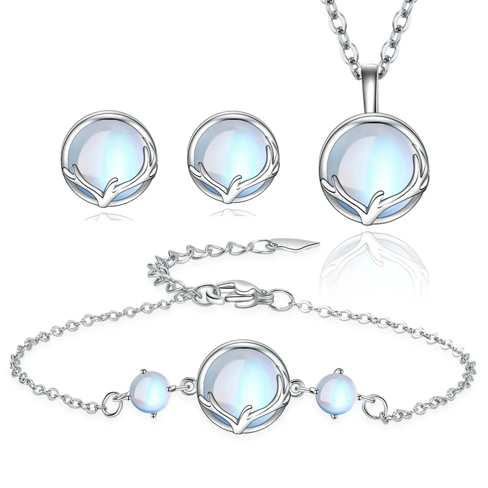 Silver Jewelry Set Jewelry Set Silver Jewelry Crystal Jewelry Set 925 Sterling Silver Round Antler Crystal Earrings Bracelets Necklace For Women