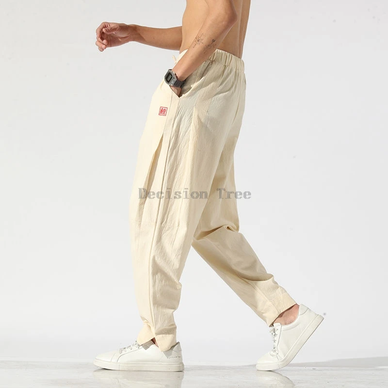 new men chinese style wushu pants men fashion loose casual pants cotton casual martial arts elastic waist long