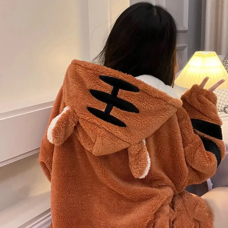 Cute Tiger Long Pajamas Loose Fastener Button Bathrobe with Pockets Hooded Nightdress Flannel Home Wear Clothing Female Costume