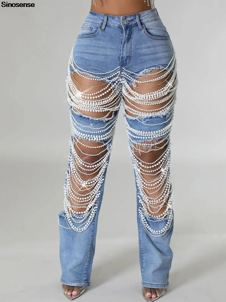 Women's Destroyed Ripped Hole Denim Pants Pearl Rhinestones