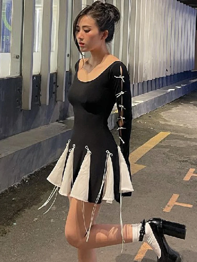

Мини-платье Y2K, женские сексуальные платья на шнуровке, модное женское платье с расклешенными рукавами, женское милое шикарное Прозрачное платье с бантом