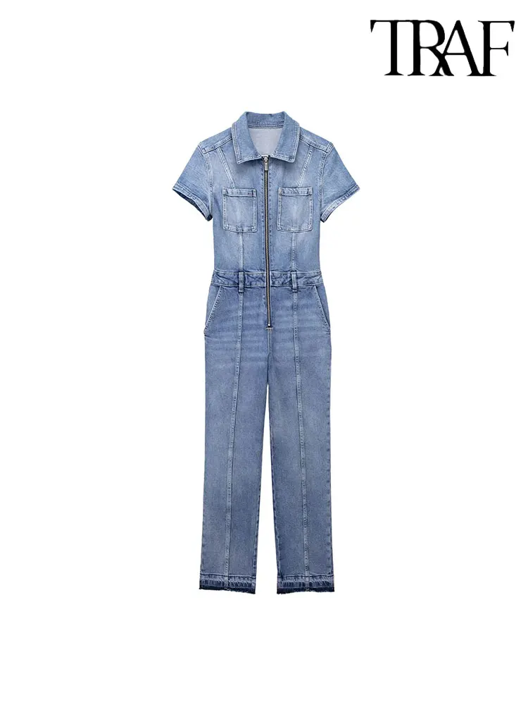 

Nlzgmsj TRAF Short Sleeve Cowboy Blue Coveralls Streetwear Ripped Denim Overalls Women High Waist Jeans Romper Wide Leg Jumpsuit